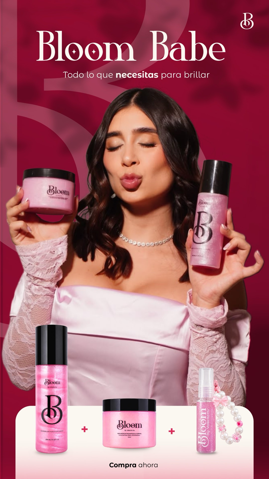 Valecita Hu con el combo Bloom: body splash 250 ml, mantequilla corporal y llavero viajero de regalo